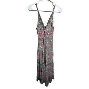 Angie Dress Women's Large V-Neck Maxi Floral Smocked Green Colorful Boho